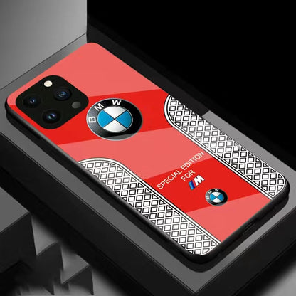 BMW Sport Luxury Phone Case for iPhone 15 14 13 12 11 Pro Max Carbon Fiber Glass Hard Cover - Red / For iphone 15 Pro Max - sky-cover