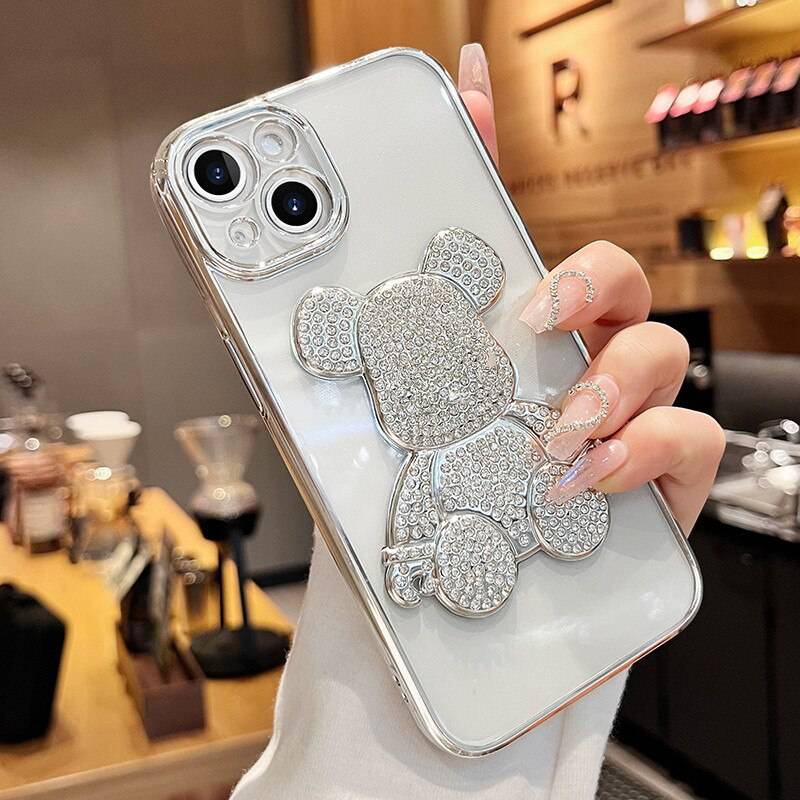 3D Diamond Cute Bear Clear Plating Silicone Full Cover - For iphone 13 / Silver - sky-cover