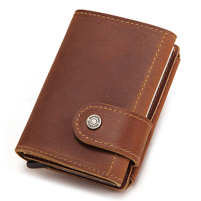 Cowhide Men's RFID Aluminum Card Holder Wallet - Slim Metal Wallet with Cash, ID, Zip Coin Purse, and Automatic Pop-Up Smart Feature - brown - sky-cover
