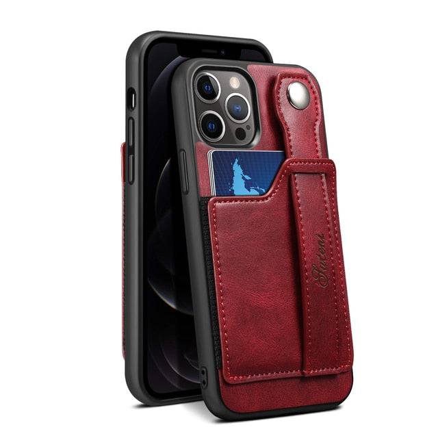 Luxury Case Leather Wallet Cover With Wrist Strap Stand Feature Credit Cards Pocket - Red / For iPhone 14 - sky-cover