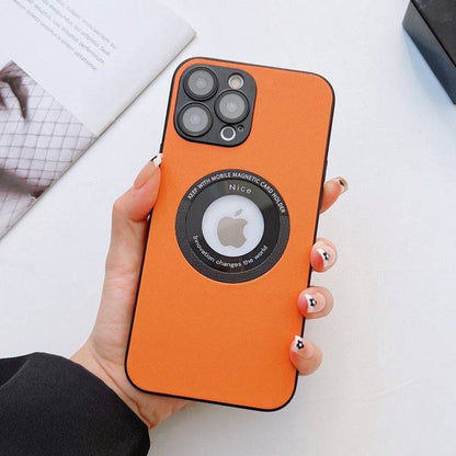 Luxury Leather Logo Hole Case for iPhone with Glass Camera Film - Soft Shockproof Cover for Ultimate Protection - Orange / For iPhone 11 - sky-cover