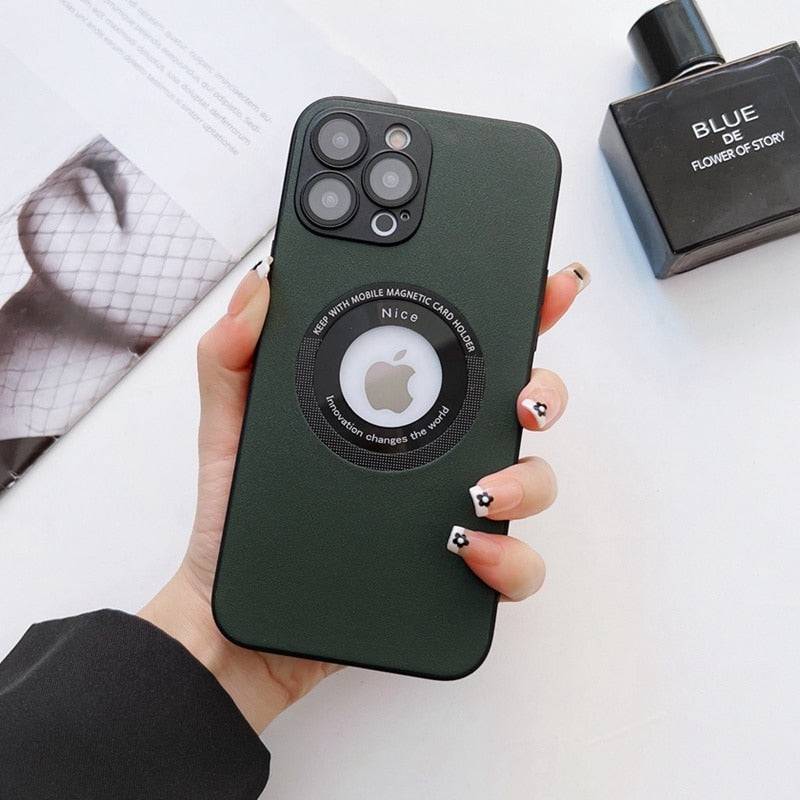 Luxury Leather Logo Hole Case for iPhone with Glass Camera Film - Soft Shockproof Cover for Ultimate Protection - Darkgreen / For iPhone 11 - sky-cover