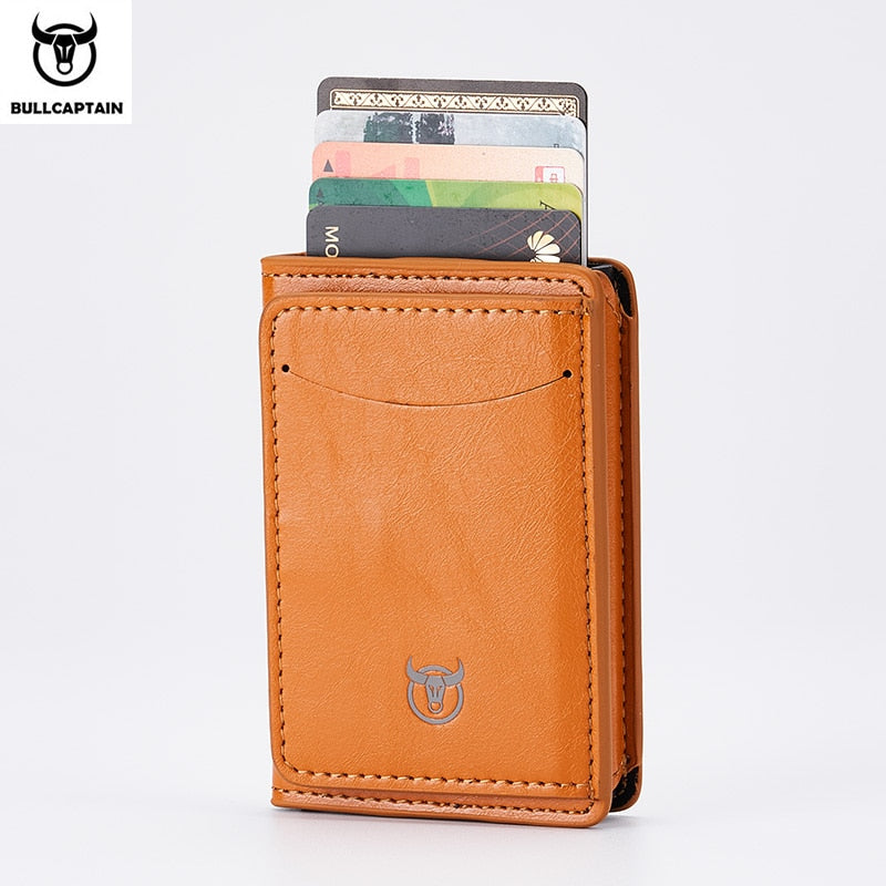 Bullcaptain RFID Blocking Wallet: Slim Leather Card Holder with Money Clip - brown - sky-cover