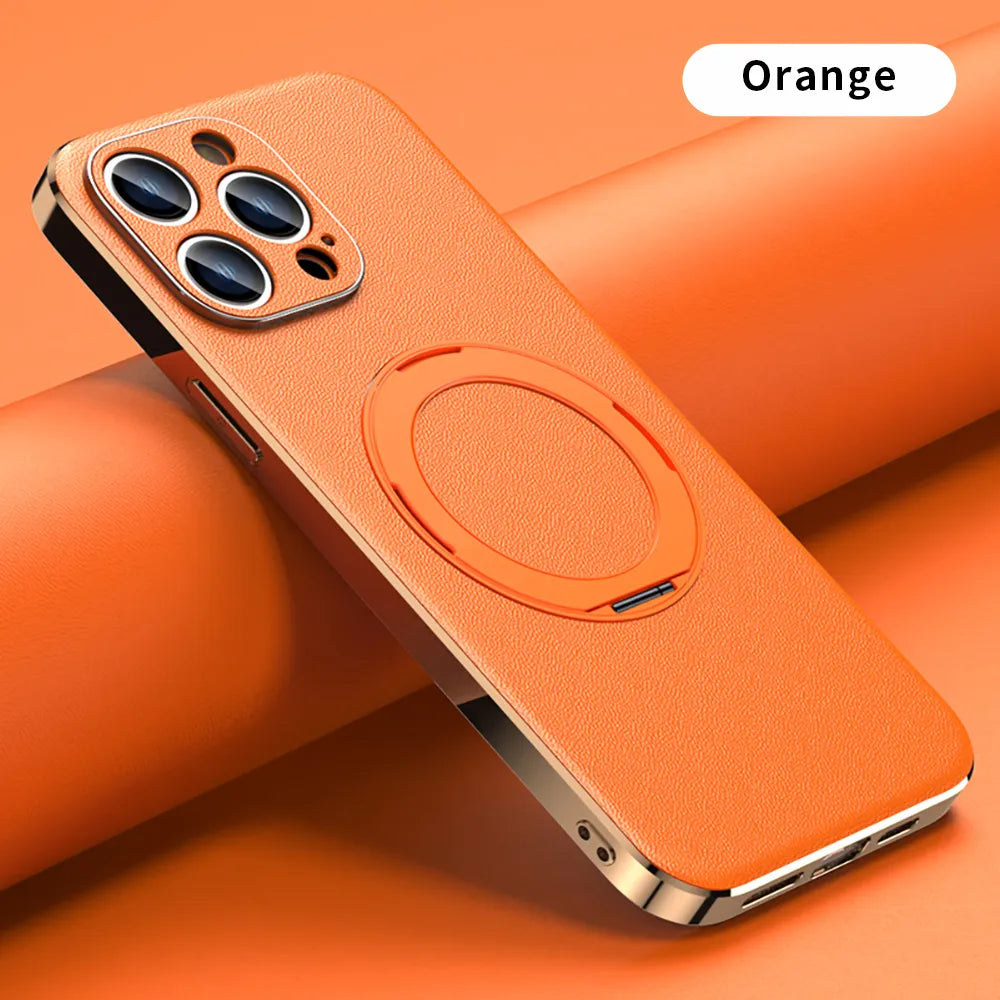 Magnetic Ring Leather Case for iPhone 15 14 Pro Max 13 12 11 Magsafe Compatible - For Iphone 15 / Orange - sky-cover