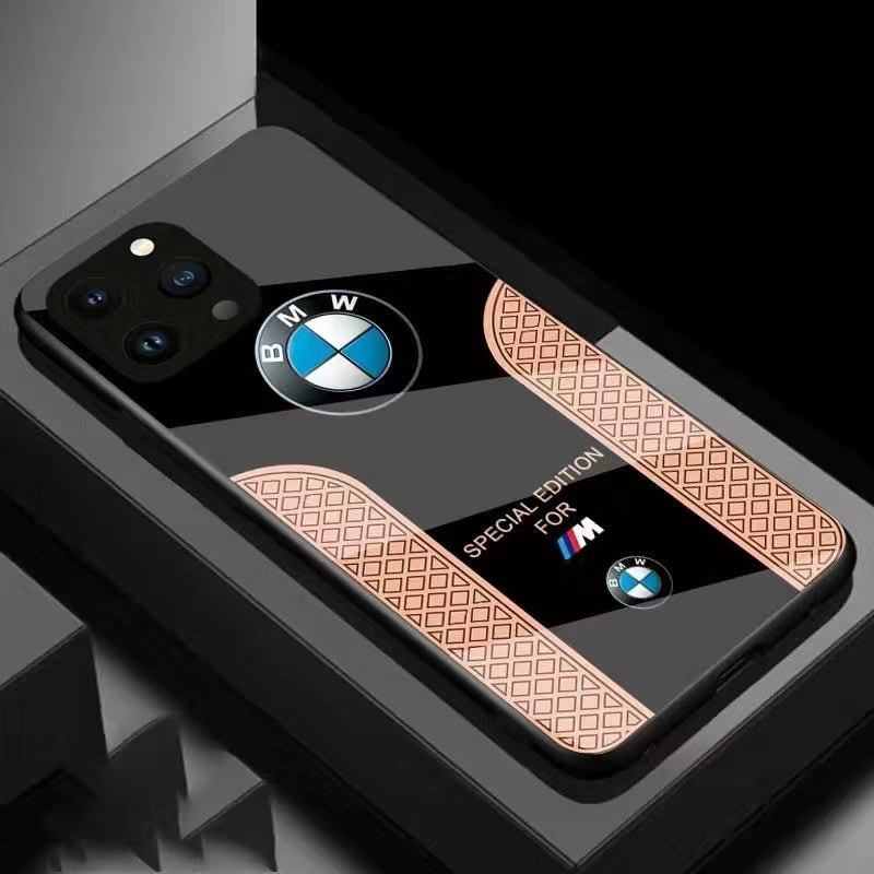 BMW Sport Luxury Phone Case for iPhone 15 14 13 12 11 Pro Max Carbon Fiber Glass Hard Cover - Pink Black / For iphone 15 Pro Max - sky-cover