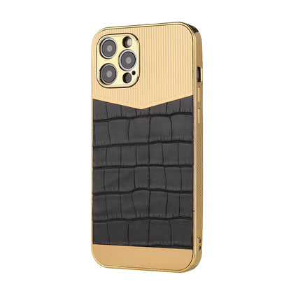 Luxury Aluminum Stainless Frame Leather Cover For All iPhone - gold black / For iPhone 14Pro Max - sky-cover