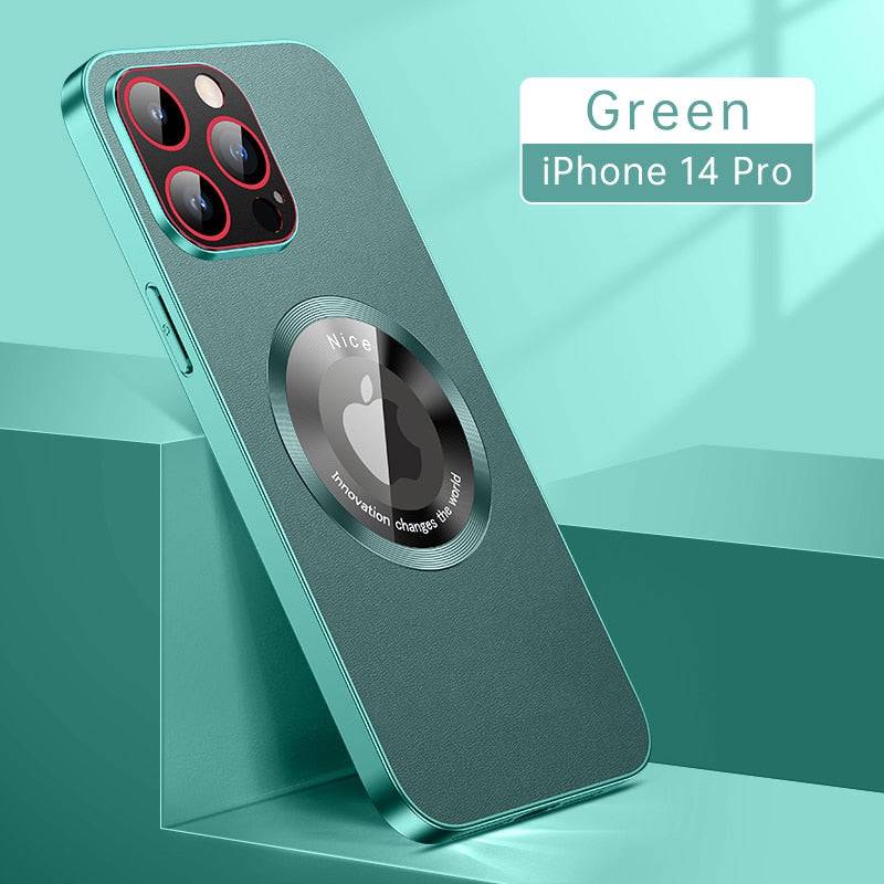 Leather Phone Case Compatible with Magsafe - Glass Metal Lens - Protection Shockproof - Green / For iPhone 14 - sky-cover