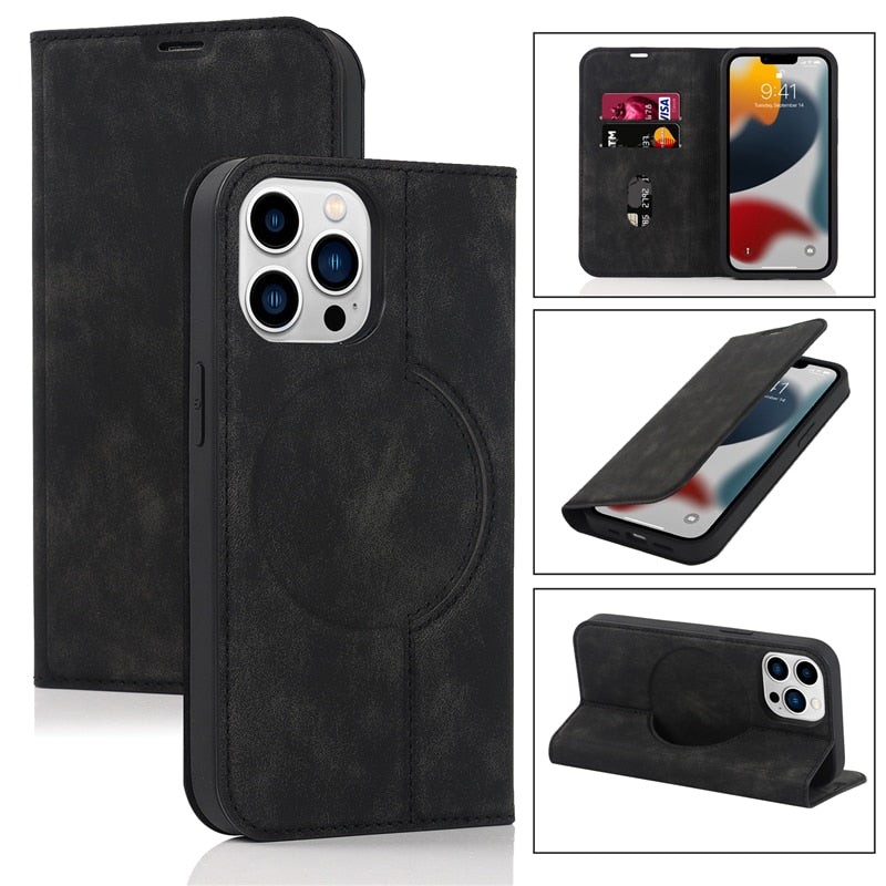 Magnetic Leather Card Holder Wallet RFID Protected and MagSafe Compatible - For iPhone 12 / Black - sky-cover