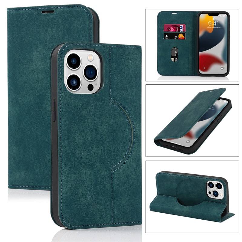 Magnetic Leather Card Holder Wallet RFID Protected and MagSafe Compatible - For iPhone 12 / Blue - sky-cover