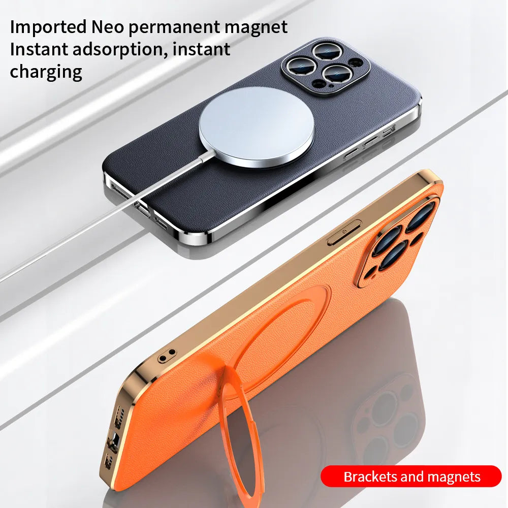 Magnetic Ring Leather Case for iPhone 15 14 Pro Max 13 12 11 Magsafe Compatible - sky-cover