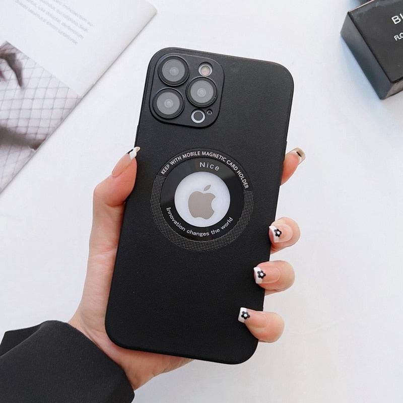 Luxury Leather Logo Hole Case for iPhone with Glass Camera Film - Soft Shockproof Cover for Ultimate Protection - Black / For iPhone 11 - sky-cover