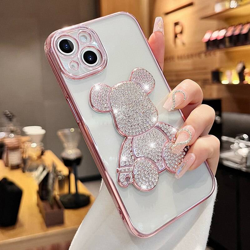 3D Diamond Cute Bear Clear Plating Silicone Full Cover - For iphone 14 Pro Max / Rose - sky-cover
