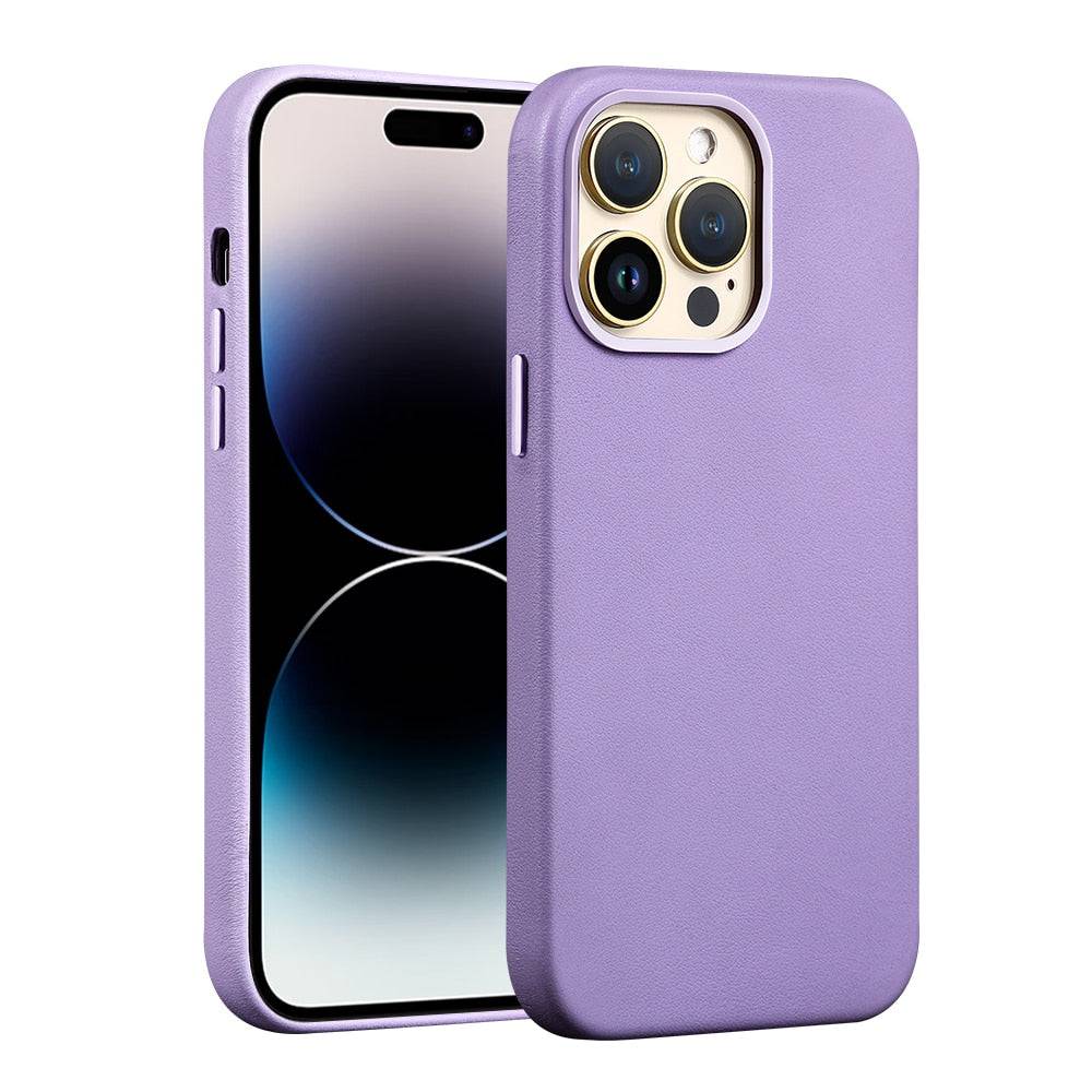 Magsafe genuine leather case for iPhone 15 14 13 12 Pro Max with screen protector - Lavender / 1 PCS 9H Tempered Glass Screen Protector / For iPhone 14 - sky-cover