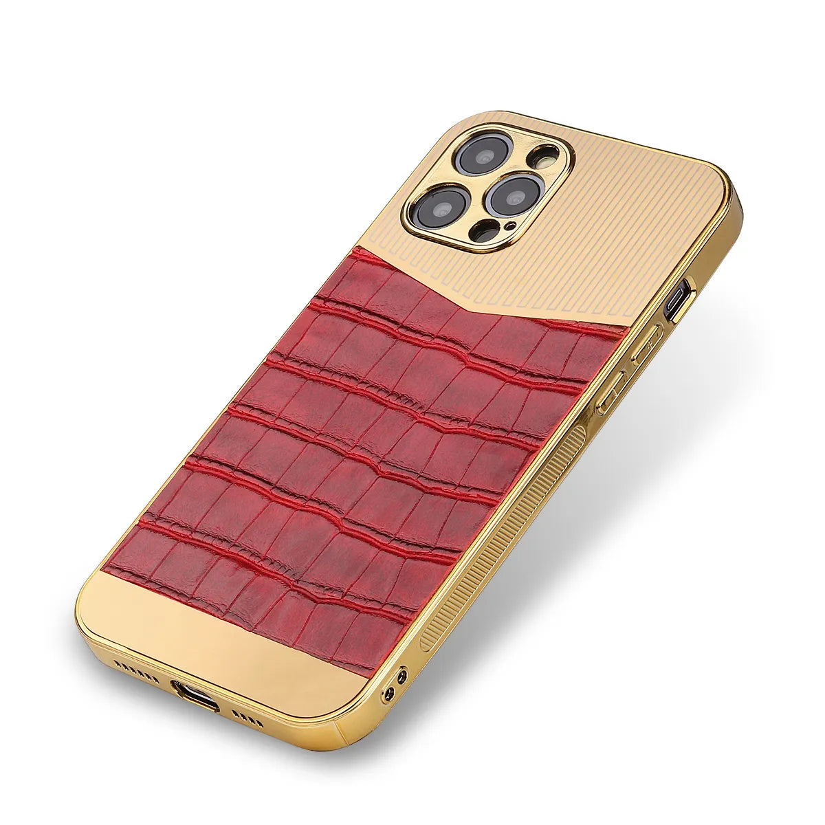 Luxury Aluminum Stainless Frame Leather Cover For All iPhone - gold red / For iPhone 12 - sky-cover