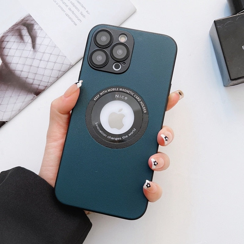 Luxury Leather Logo Hole Case for iPhone with Glass Camera Film - Soft Shockproof Cover for Ultimate Protection - Navyblue / For iPhone 11 - sky-cover