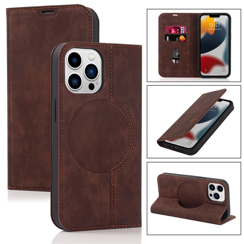 Magnetic Leather Card Holder Wallet RFID Protected and MagSafe Compatible - For iPhone 12 / Dark Brown - sky-cover