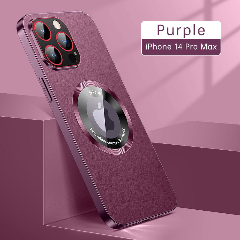 Leather Phone Case Compatible with Magsafe - Glass Metal Lens - Protection Shockproof - Purple / For iPhone 14 - sky-cover