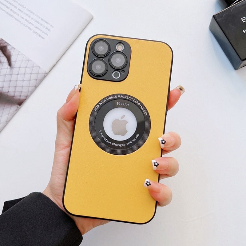 Luxury Leather Logo Hole Case for iPhone with Glass Camera Film - Soft Shockproof Cover for Ultimate Protection - Yellow / For iPhone 11 - sky-cover