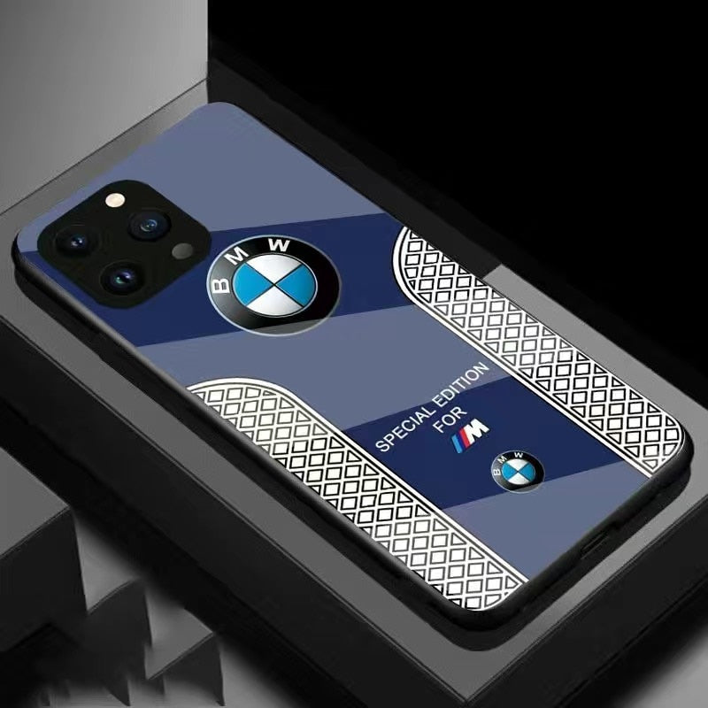 BMW Sport Luxury Phone Case for iPhone 15 14 13 12 11 Pro Max Carbon Fiber Glass Hard Cover - Blue / For iphone 15 Pro Max - sky-cover