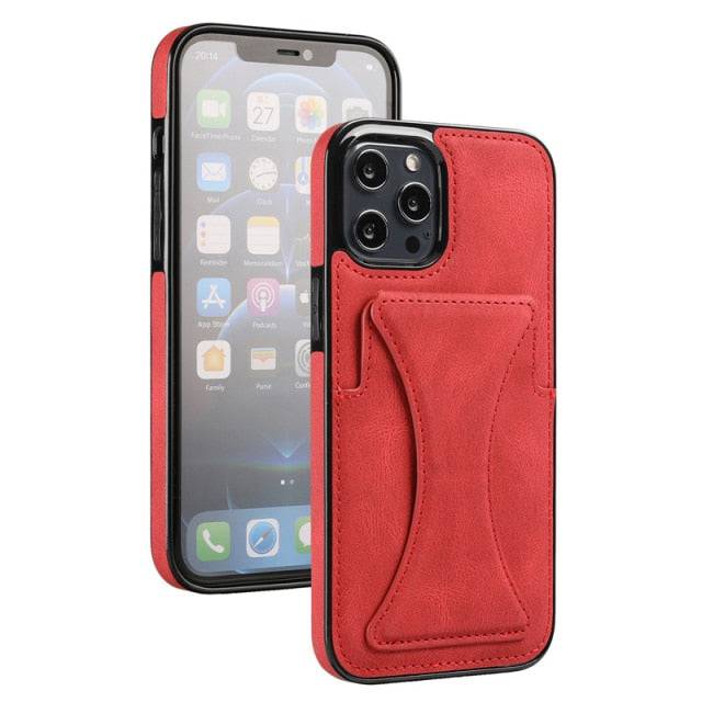 Luxury Leather Card Wallet Holder Phone Cover for all iphone - Red / for iPhone 13 Pro - sky-cover