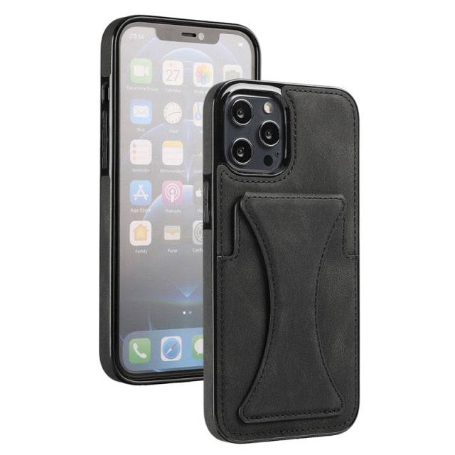 Luxury Leather Card Wallet Holder Phone Cover for all iphone - Black / for iPhone 13 Pro Max - sky-cover