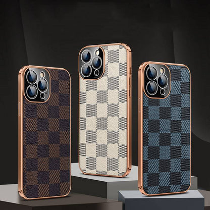 Luxury Grid Pattern Leather Back Cover Compatible with All iPhone Models - sky-cover