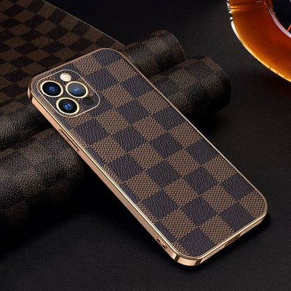 Luxury Grid Pattern Leather Back Cover Compatible with All iPhone Models - For iPhone 13 / Brown - sky-cover