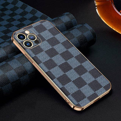 Luxury Grid Pattern Leather Back Cover Compatible with All iPhone Models - For iPhone 13 Pro / Blue - sky-cover