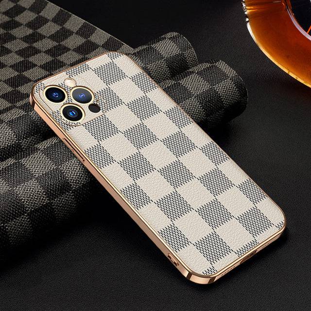 Luxury Grid Pattern Leather Back Cover Compatible with All iPhone Models - For iPhone 13 / White - sky-cover